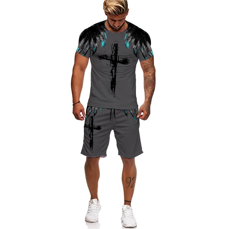 3D Jesus Loves Everyone Křesťanské tričko Léto Pánský oblek Krátký rukáv Šortky Lion Cross Print Streetwear 2 kusy Activewear