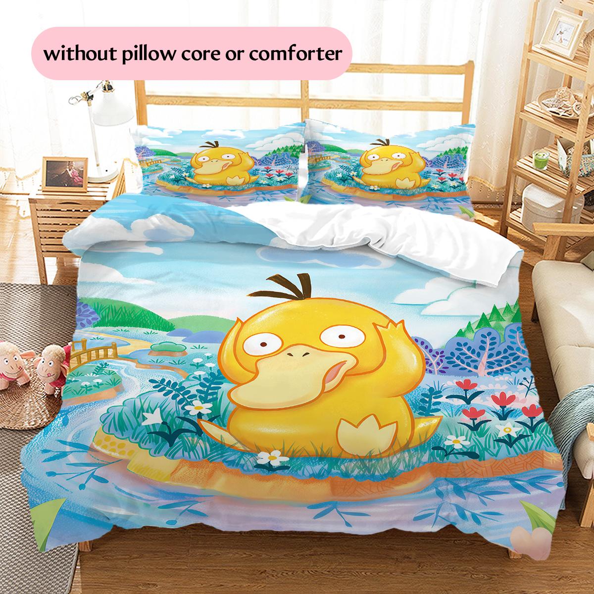 Pokémon Adorable Soothing Companions Pattern Bedding Quilt Set Home Decoration Gift (1 * duvet cover + 2 * pillowcase without core) 135x200cm