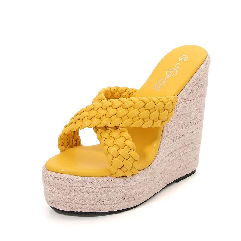 Fashion Hate The Sky High Slippers 15CM Wedge High Heels Nightclub Sexy Waterproof   Platform Straw Braid Sandals Female Summer