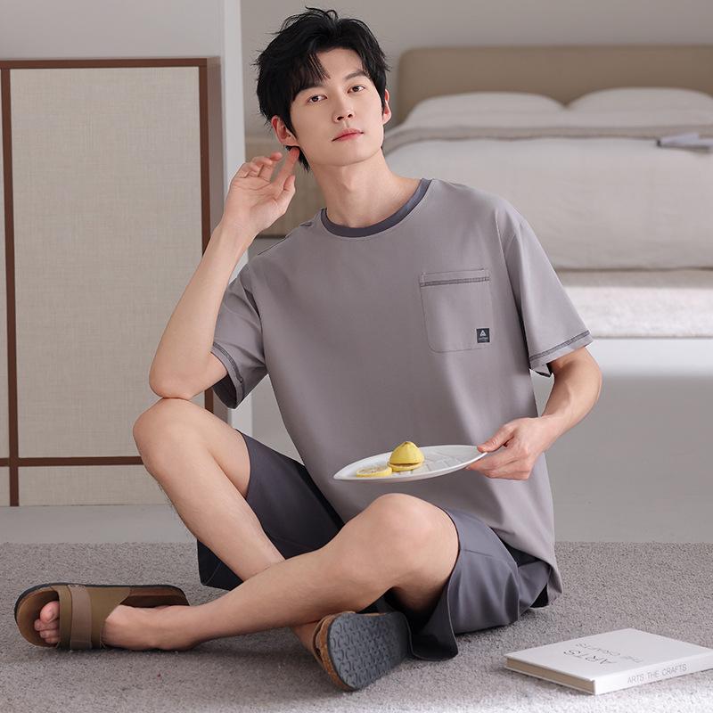 Pajamas Men's Summer Cotton Black Short Sleeve Shorts Men's Teen Summer Simple Casual Homewear Set