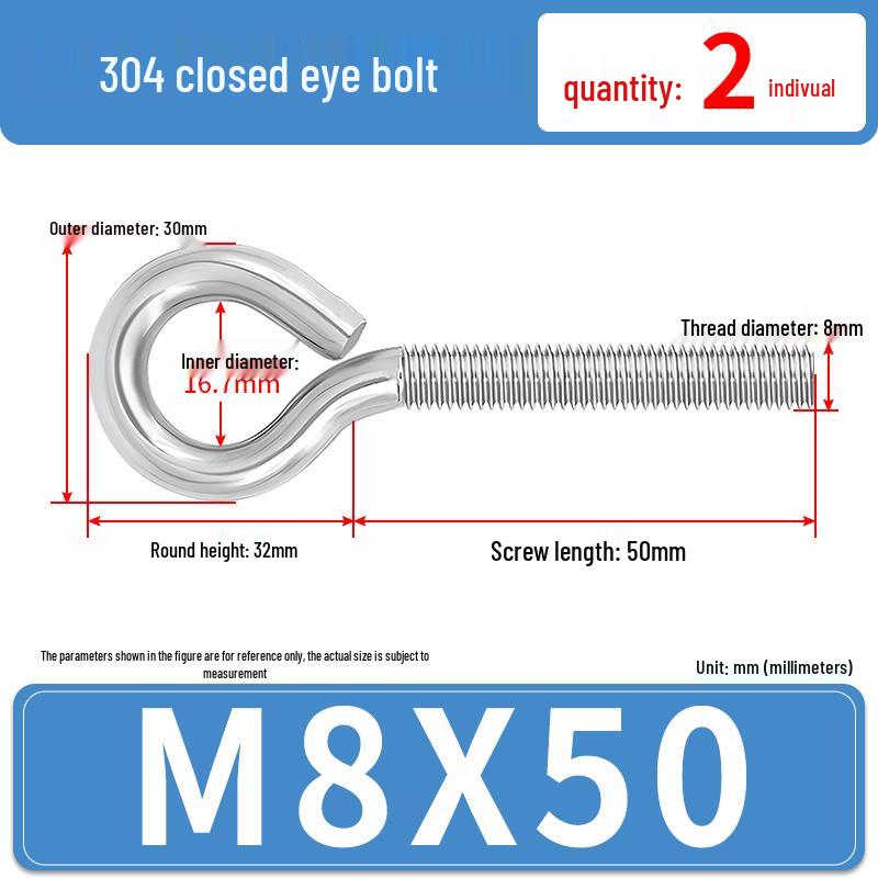 304 Stainless Steel Eyebolt with Ring Hook – Machine Thread Closed Eye Bolt (M4 M5 M6 M8)