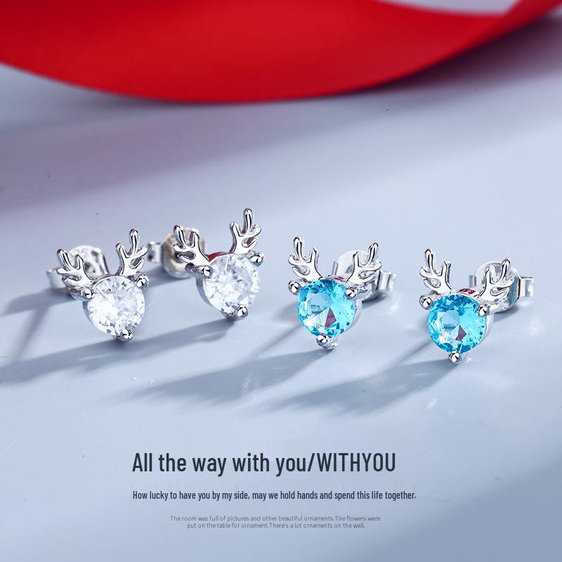 Blue Diamond Rhinestone Antler Fawn Stud Earrings - Simple, Elegant Christmas Mori Style for Women