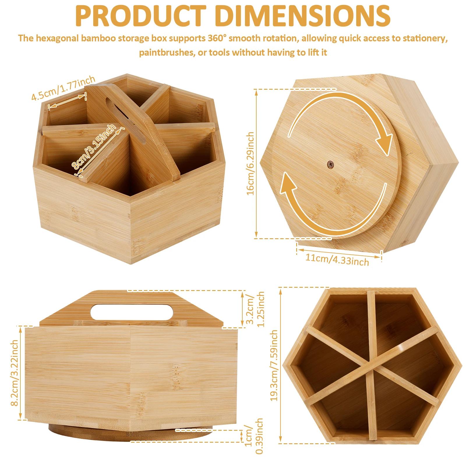 

360° Rotating Pen Holder Wooden Hexagon Desktop Pencil Organizer with 6 Compartment and Handle Stationery Storage Box for Office