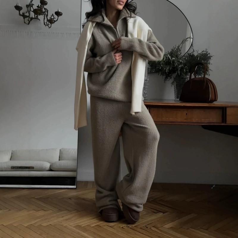 Womens Oversized Knit Set Soft Faux Fur Texture Solid Color Half-Zip Sweater Straight Leg Pants Winter Outfit