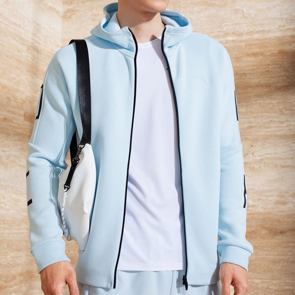 Anta Training Series FW22 Solid Stripe Print Zip-Up Hoodie Long Sleeve Jacket Men Outerwear Blue 152237720-2