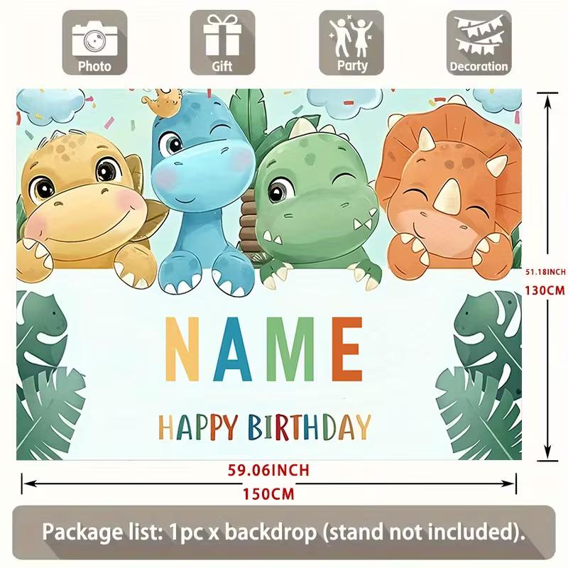 Watercolor Style Dinosaur Birthday Backdrop, Customizable Name Cute Cartoon Dino Background with Tropical Leaves