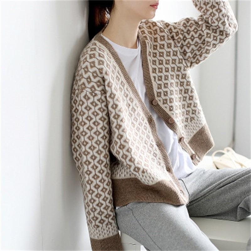 Women Loose Thick Plaid Color Block V Neck Long Sleeve Knitted Cardigan Sweater Coat