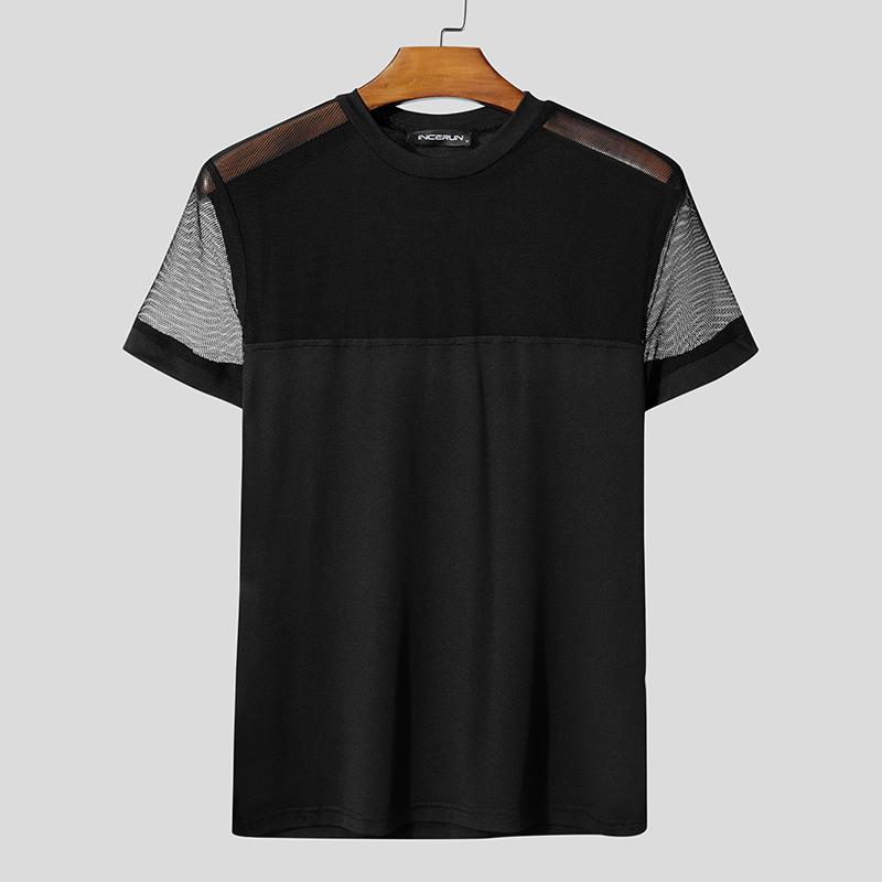 

INCERUN Летние мужские футболки с коротким рукавом, сетчатые, прозрачные, в стиле пэчворк, облегающие 4XL чёрный