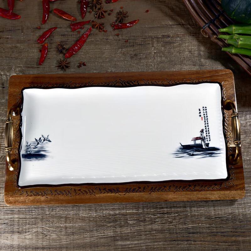 NHZHIW Retro Rectangular Ceramic Flat Plate with Wooden Base