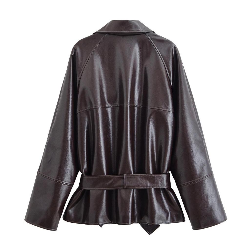 European & American Style 2025 Women's Shiny Fitted Short Leather Trench Coat