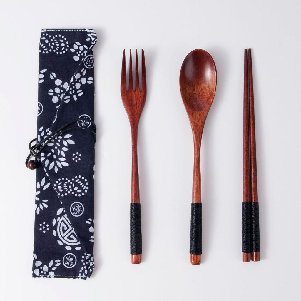 Japanese Wooden Portable Tableware Set: Long-Handled Spoon, Fork, and Chopsticks - Korean Style Three-Piece Set for Outdoor Use.