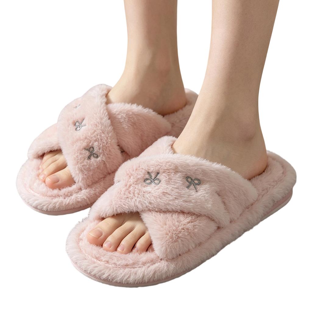 Women's Plush Slippers with Cross Flowers and Embroidery for Indoor Use