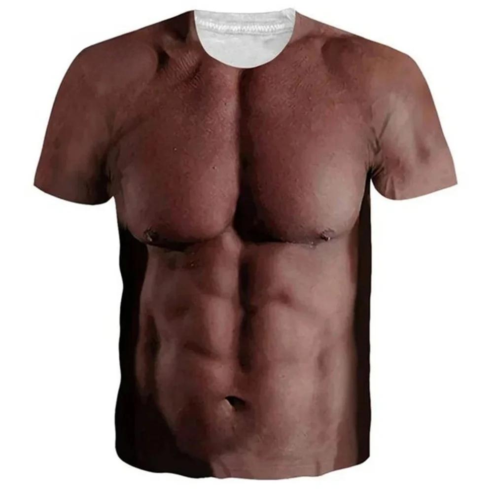 Summer Round Neck 3D Funny Muscle Body Print Top Fashionable Casual Short Sleeved Men's T-shirts