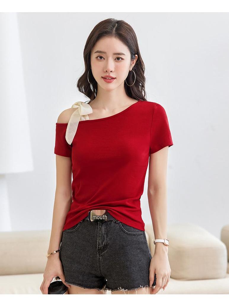 2025 Korean Style One-Shoulder Tie-Up Short-Sleeve Slimming Cotton Women's Top
