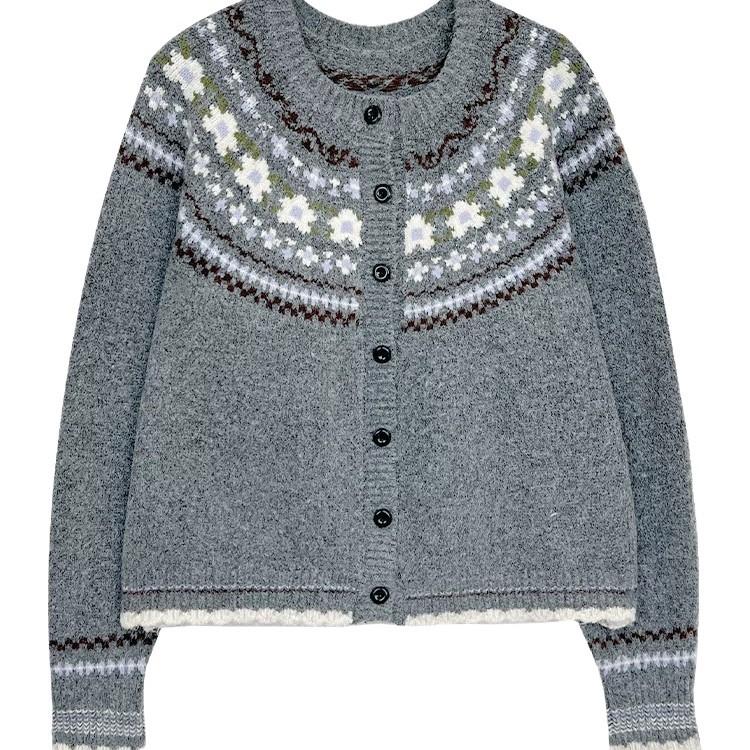 Fair Island Retro Jacquard Knitted Cardigan for Women, Loose and Lazy In Autumn and Winter, Soft and Waxy Atmosphere, Wear a Sweater Jacket