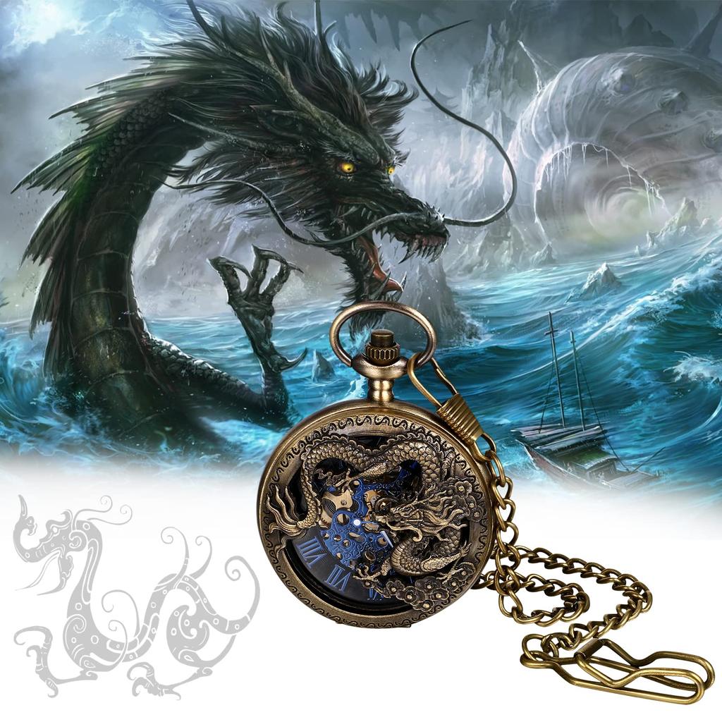 Pocket Watch Automatic Winding Mechanical Dragon Roman Alphabet Analog Display Skeleton Waterproof Retro Antique Pendant Watch Pocket Watch with Chain