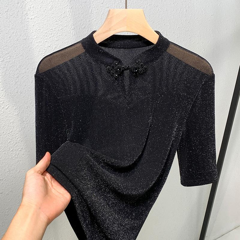 

Футболка из яркой шелковой сетчатой пряжи с воротником-стойкой для женщин, новая женская одежда, модная футболка со средними рукавами, топ с отворотом на талии 3XL чёрный