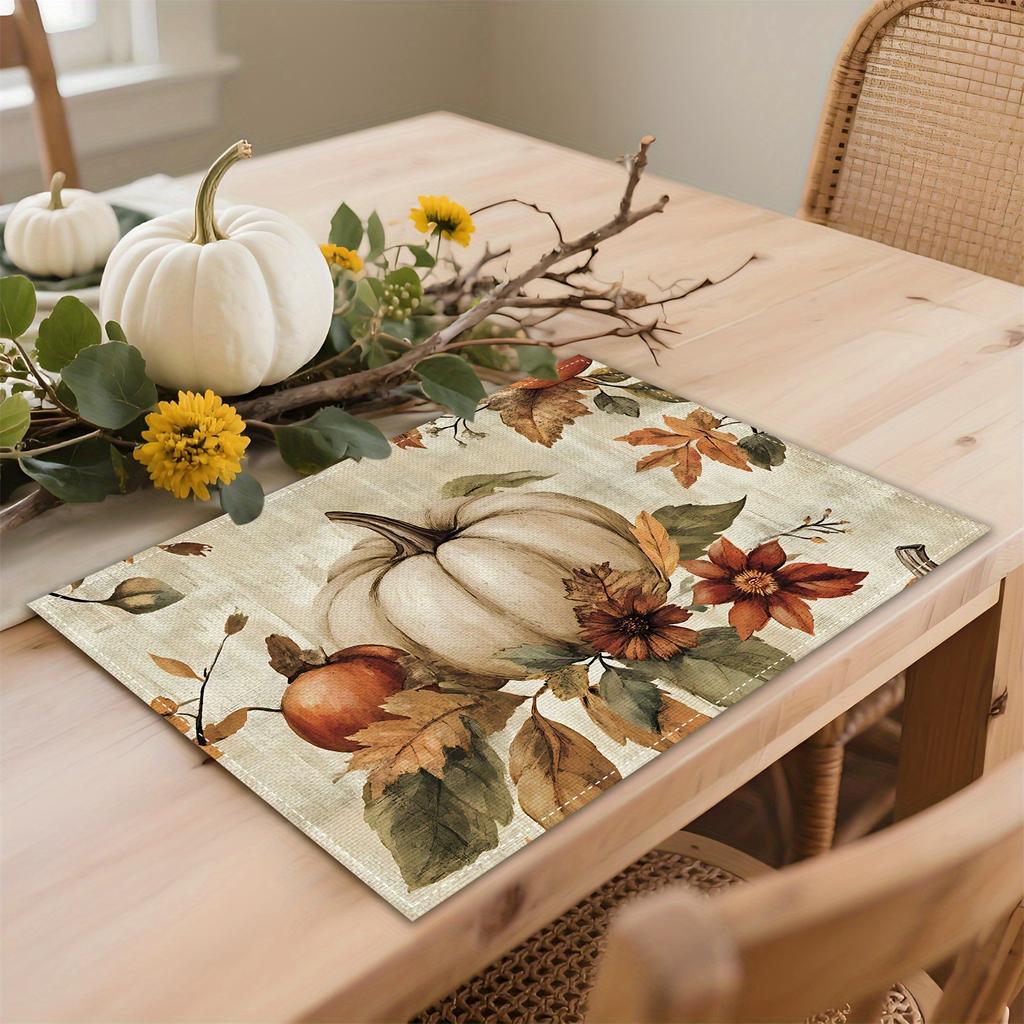 4/ 6pcs Vintage Pumpkin Flowers Leaves Placemats 12x18 Inch Fall Thanksgiving Table Decorations for Kitchen Dining Party Home