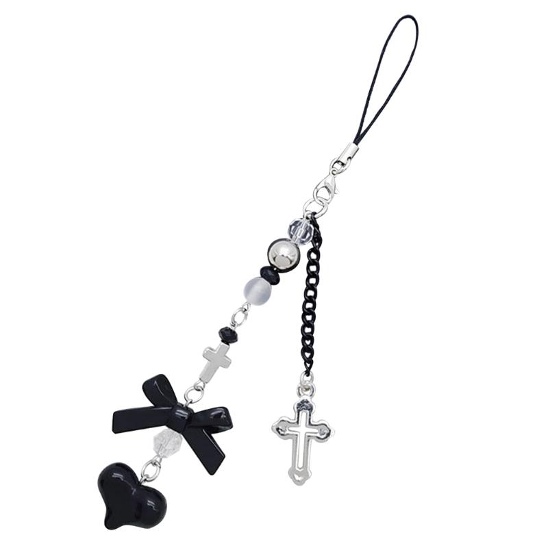 Bow-Love Keychain Crystal Y2k Beaded Phone Lanyard Strap Guitar Charm Cross-Pendant Phone Chain Anti-Lost for Women Girl