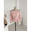Honey J Off Shoulder Shirring Crop Long Sleeve T shirT 4 Colors