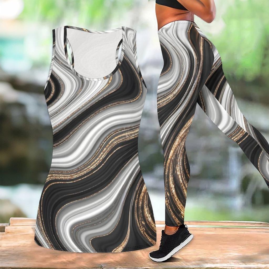 Marble Veining Printed Yoga Outfit for Women Fashion Workout Leggings Fitness Sports Casual Yoga Set Sports Suit