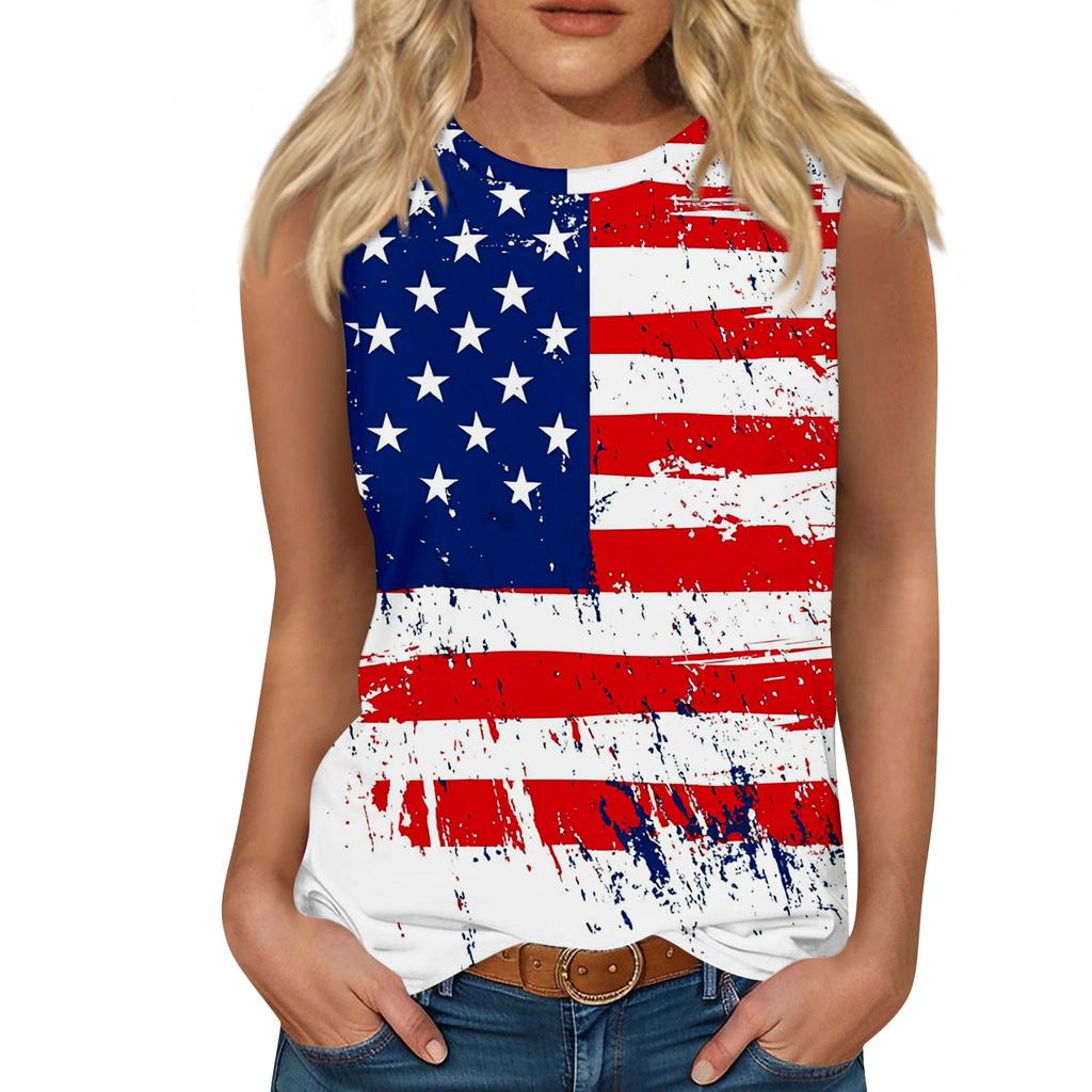 Dámská ležérní vesta s kulatým výstřihem a potiskem bez rukávů