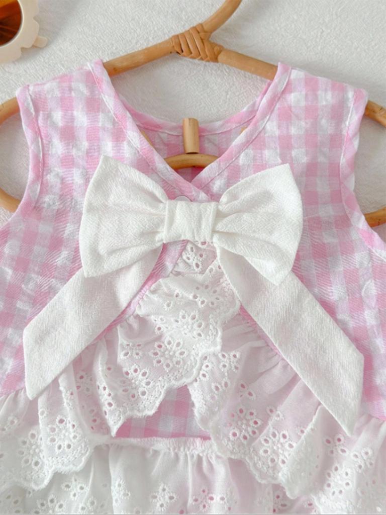Summer Countryside Style Infant Baby Girls Clothing Set Sleeveless Top with Plaid Long Pants Retro Lace Butterfly Two Piece Outfit