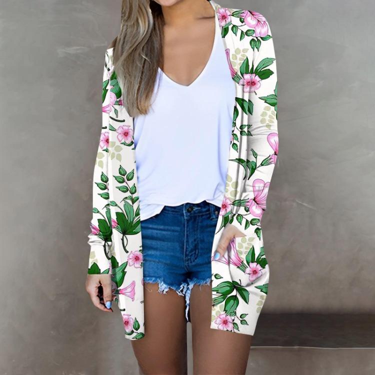 Floral Print Women's Casual Long Sleeve Cardigan Midi Jacket Tops Fashion