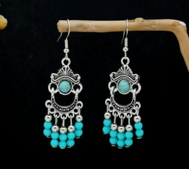 Peacock Tassel Earrings with Hollow Leaf Design in Retro Ethnic Style Imitation Silver for Women