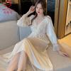 Sexy Female Spring and Autumn Ice Silk Long-sleeved Lace Seduction Long Dress Love'fun Loungewear Set
