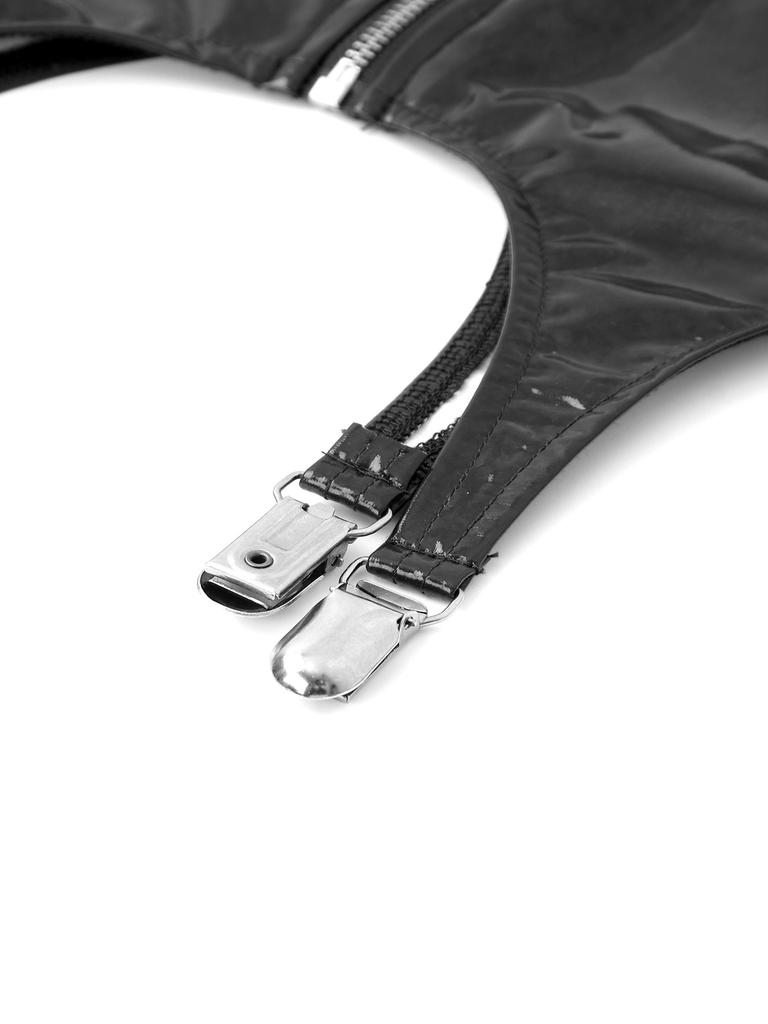 Womens Patent Leather Open Chest Mini Dress Zipper Hollow Out Sleeveless Party Clubwear with Garter Clips