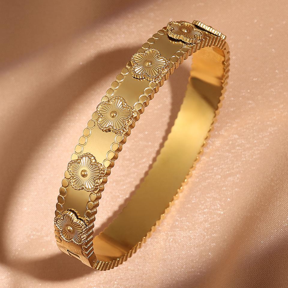 

ZAKOL Модные браслеты-манжеты из нержавеющей стали с цветком-пятилистником на удачу для женщин, девушек, металлические браслеты-наручники золотого цвета, подарки с цирконом