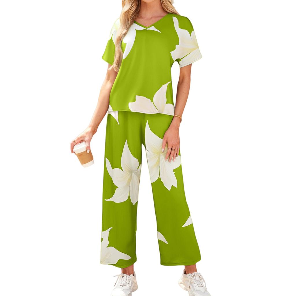 Women's Casual Vacation V-Neck Sleeve Top And Trousers Fashion Print Two Piece Set