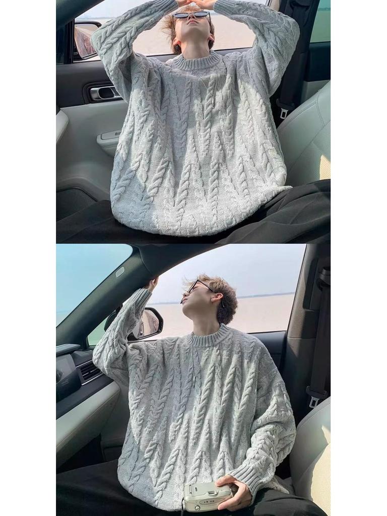 Men's Trendy Plus Size Cable Knit Sweater - American Style, Round Neck, Autumn Outerwear