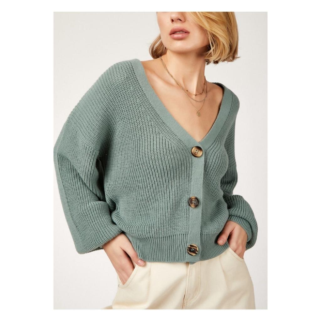 Damen Strickjacke in Steinfarbe mit V-Ausschnitt und Knöpfen