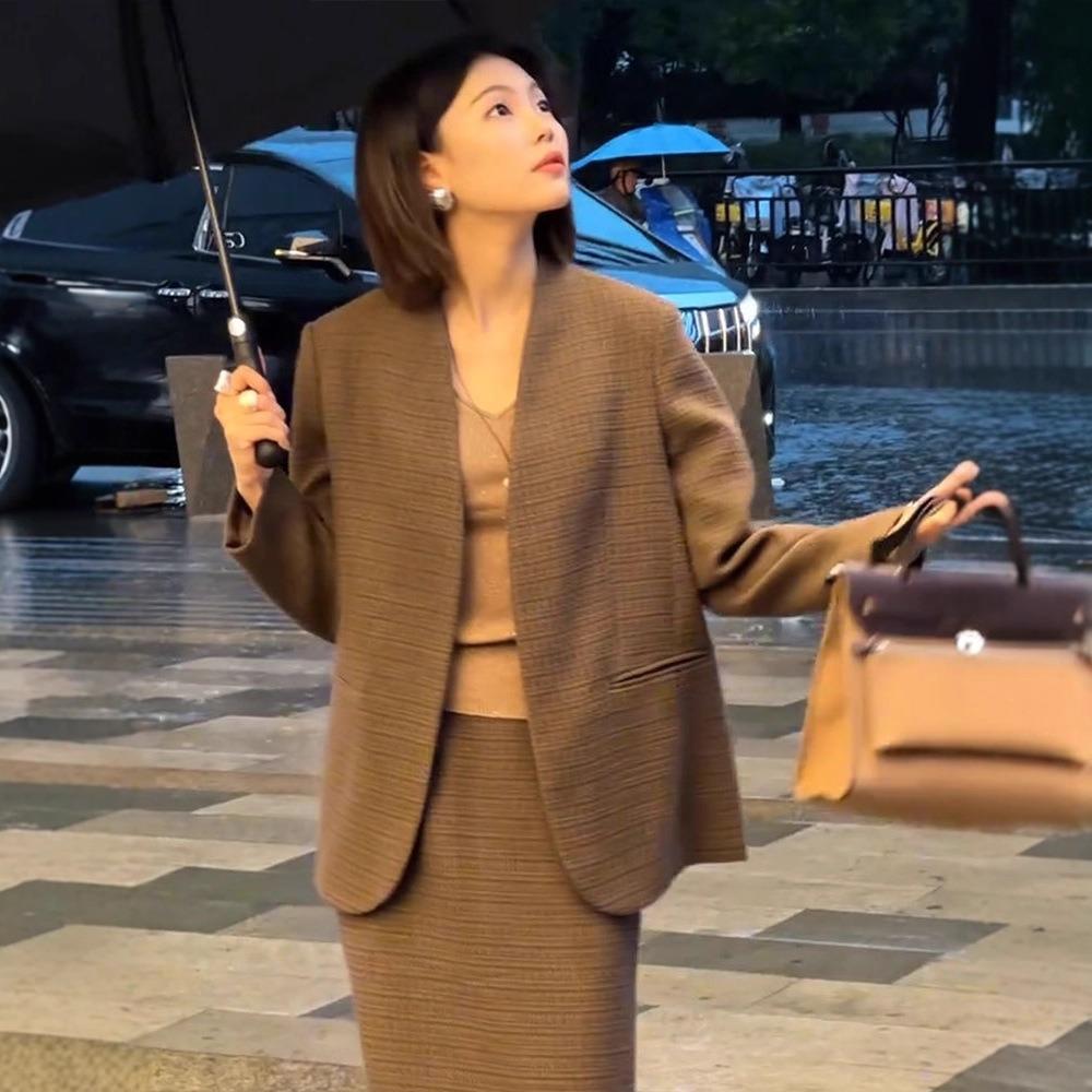 Women's Loose Fit Blazer Suit Long Sleeve Top Midi Skirt Set Elegant 2-Piece Outfit