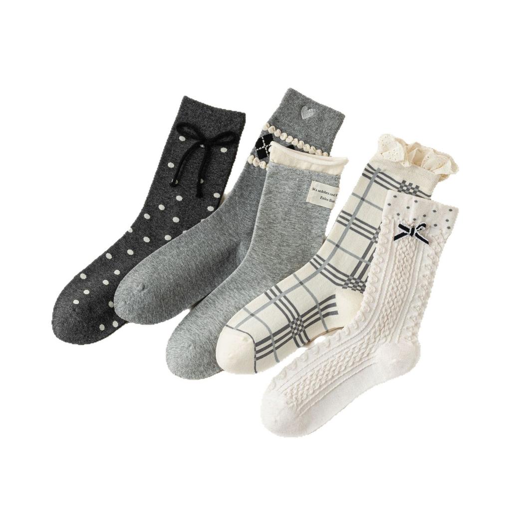 Early Autumn Polka Dot Bow Socks Medium Tube Socks Ballet Lace Medium Tube Socks