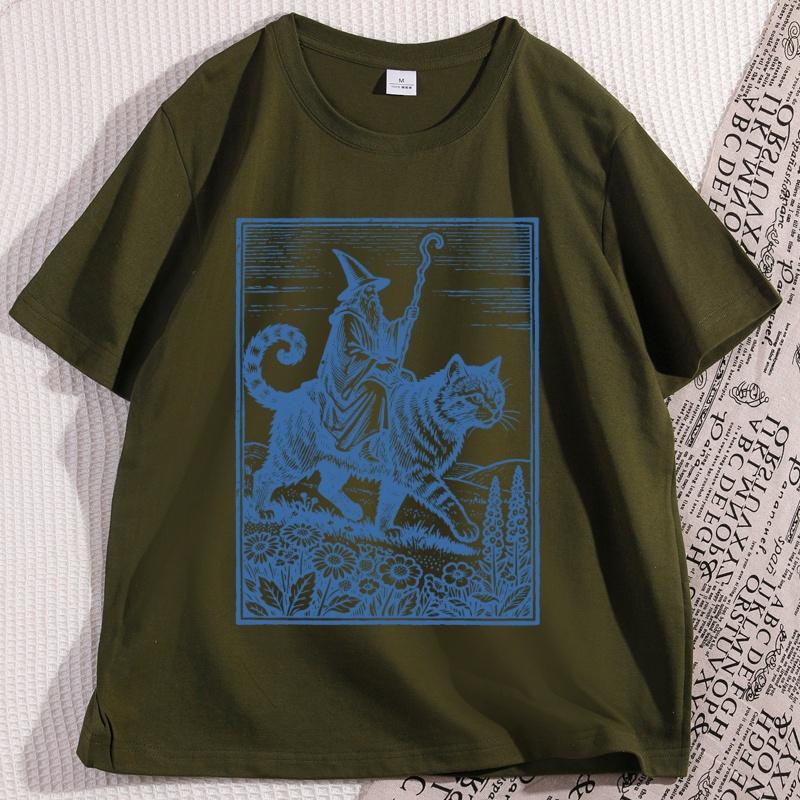 Wizard Cat Rider Vintage TShirt Men Women Fantasy Graphic Tee Funny Cat Short Sleeve Tshirt Causal Round Neck Printed Tees