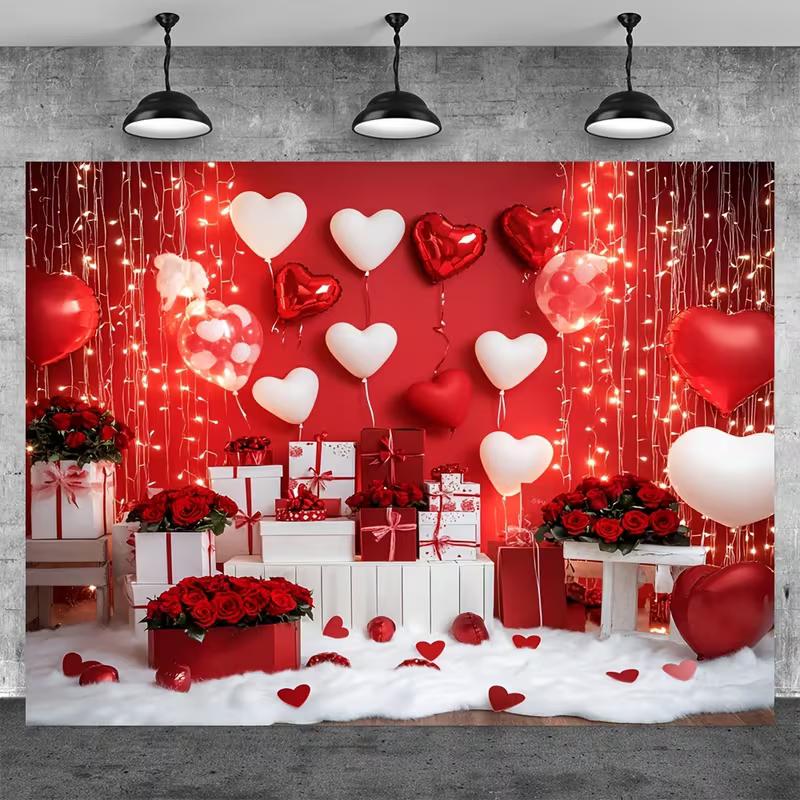 2D Red Heart Valentine Banner, Romantic Light & Rose Backdrop, Engagement Party Photo Booth Decor