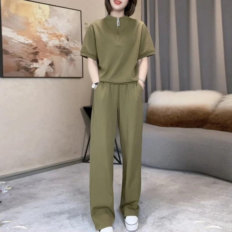 Button-down Casual Sports Outfit for Women, Summer Fashion Set, Straight-leg Pants, Loose Fit, Slimming Two-piece Set