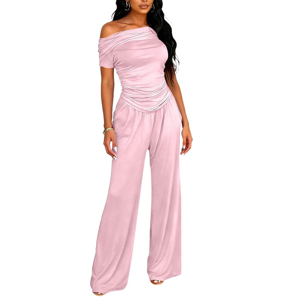 Women's 2,Piece Fashion Casual Color Short Sleeve Top And Long Pants Set