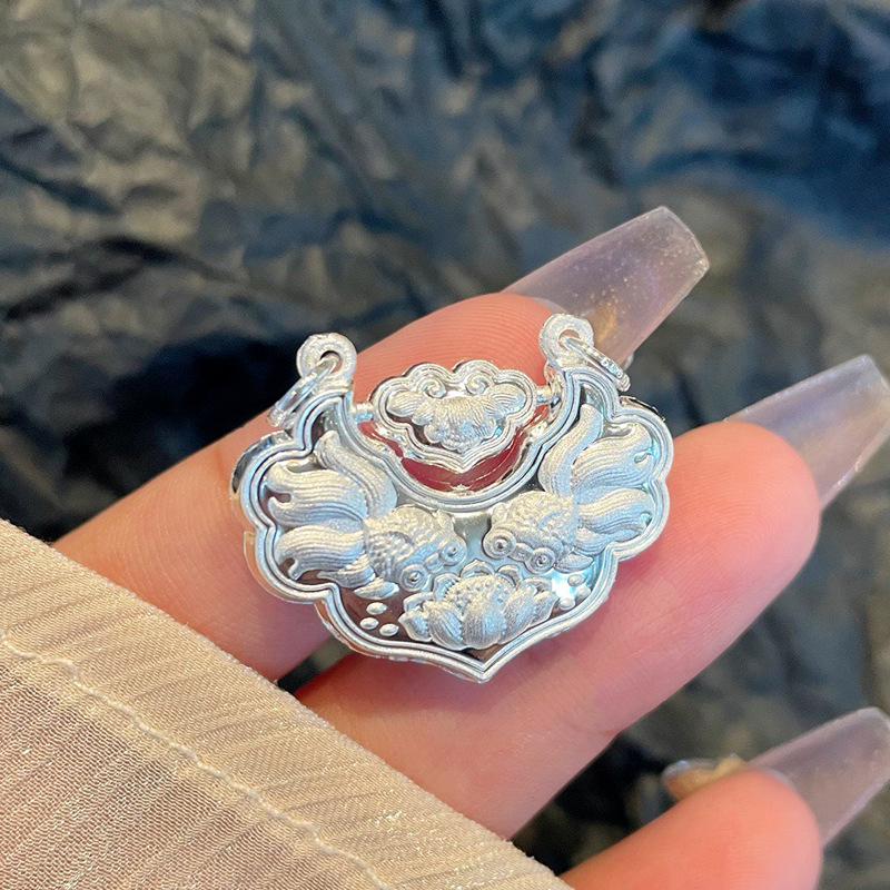 Sterling Silver Koi Lock Pendant: Women s Ruyi Longevity Necklace with Double Fish Design 999 Pure Silver