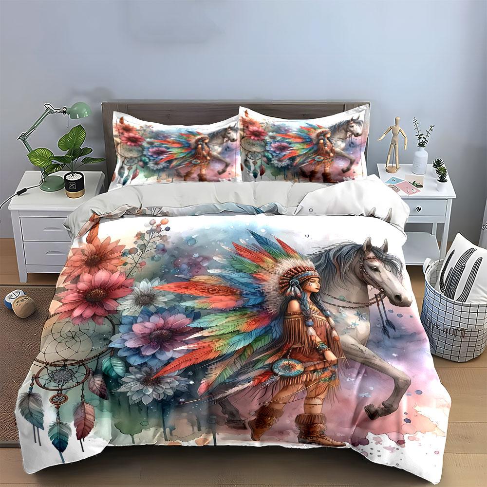 Colorful Feather Three-Piece Set Decor Bedding Set with 1 Duvet Cover 2 Pillowcases Single Double King Queen Gift
