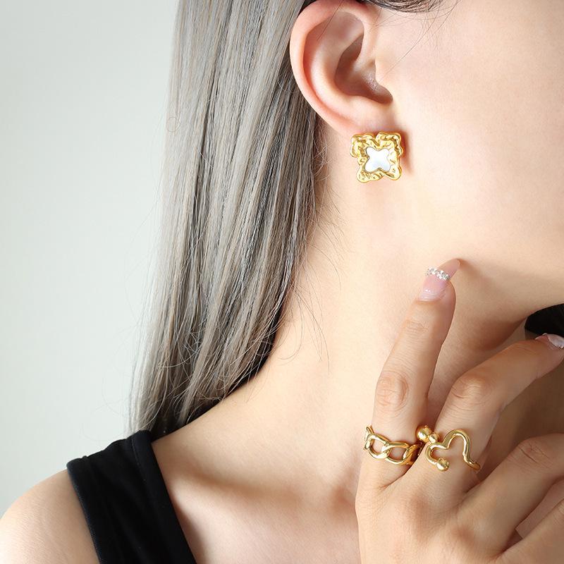 French Unique Design White Mother-of-Pearl Embossed Lace Titanium Square Earrings