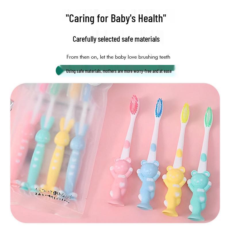Set of 4 Cartoon Bear and Rabbit Children's Soft Toothbrushes with Suction Cup Base