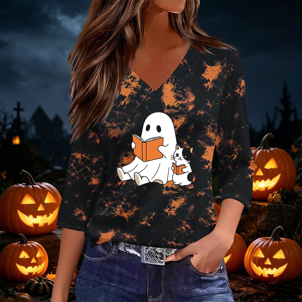 Women's Casual V-Neck 3/4 Sleeve Halloween Print Top for Party and Daily Wear