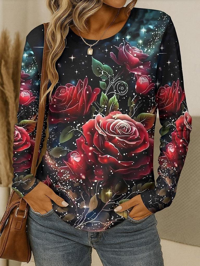 Damski T-shirt 3D Elegancki Wzór Kwiatowy Róży Modny Długi Rękaw Okrągły Dekolt Regularny Top Wakacje Weekend Wiosna Jesień