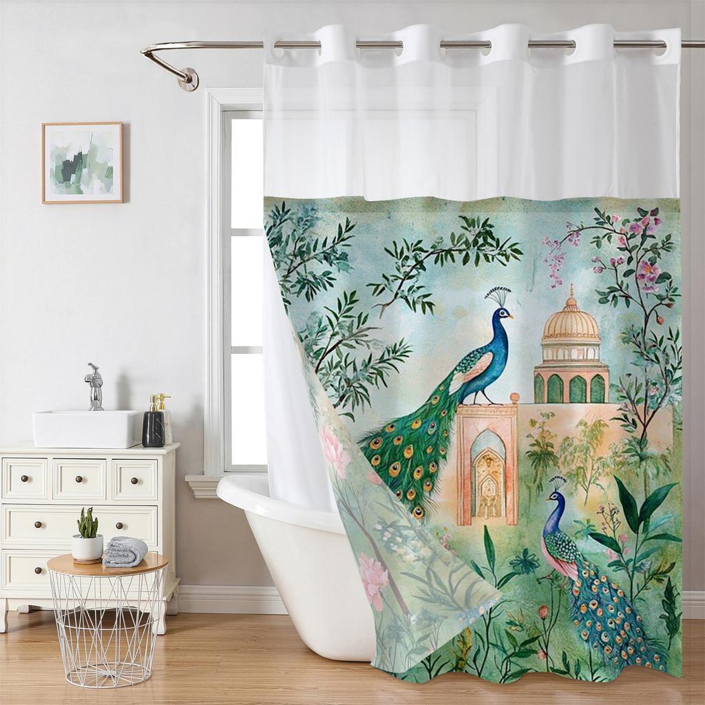 Duschvorhang mit No-Hook-Pfau-Muster, mit einknöpfbarem Stofffutter, transparentem Oberfenster, wasserdichter Doppelschicht-Badewannenvorhang