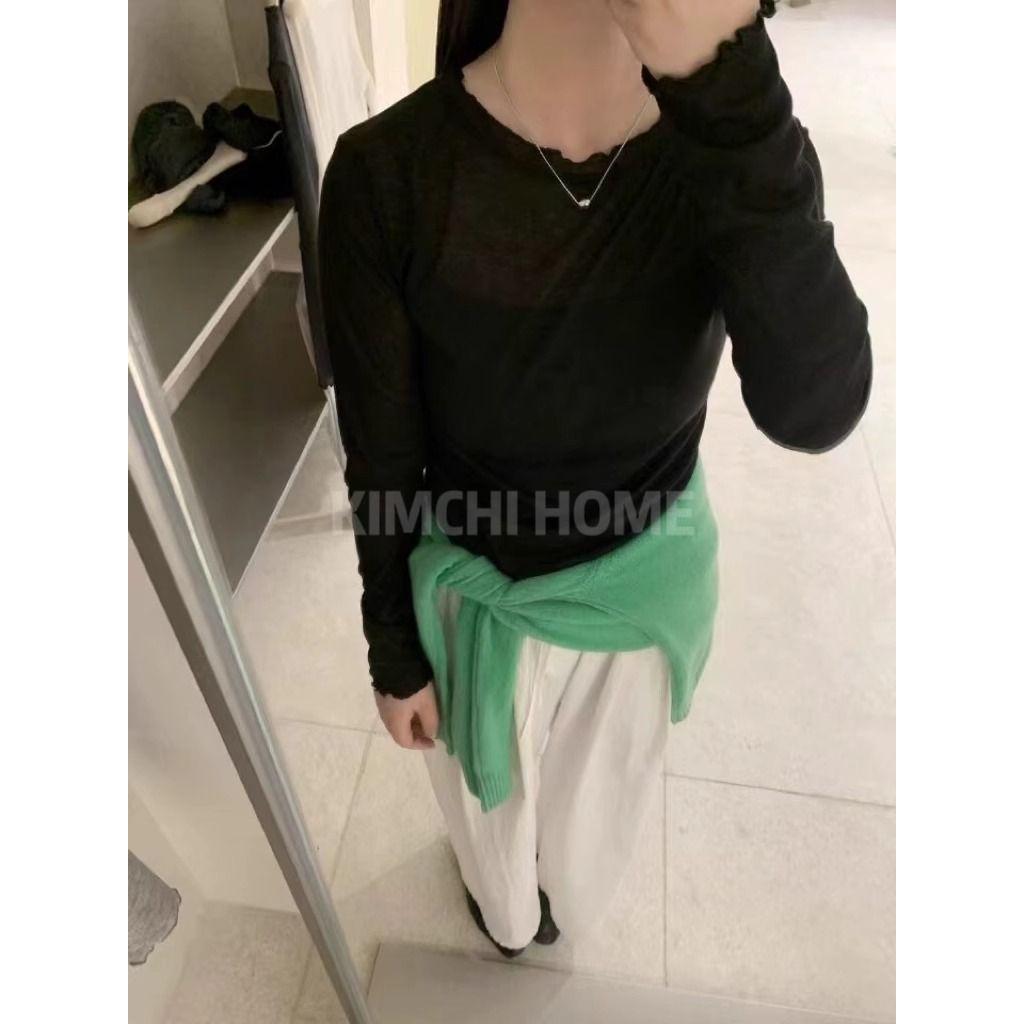 Süßer Rüschen-Cardigan mit Rundhalsausschnitt in Milchgeschmack-Optik zum Layern - Damen Dünnes, halbtransparentes Langarm-T-Shirt