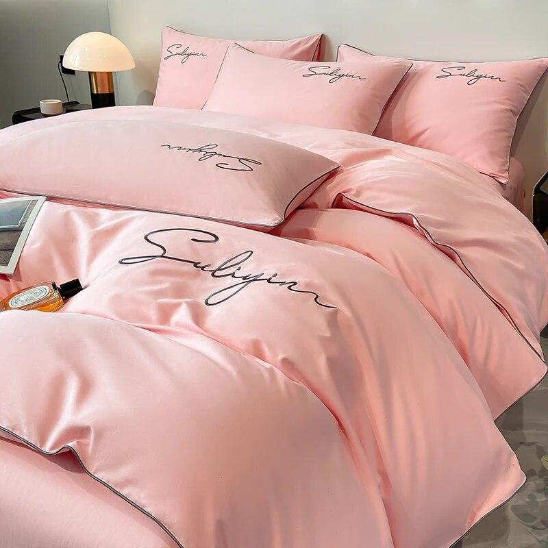 Luxury Embroidery Bedding Set Egyptian Cotton 400TC Duvet Cover Flat Fittedsheet Single Double Queen King Quilt Cover Pillowcase